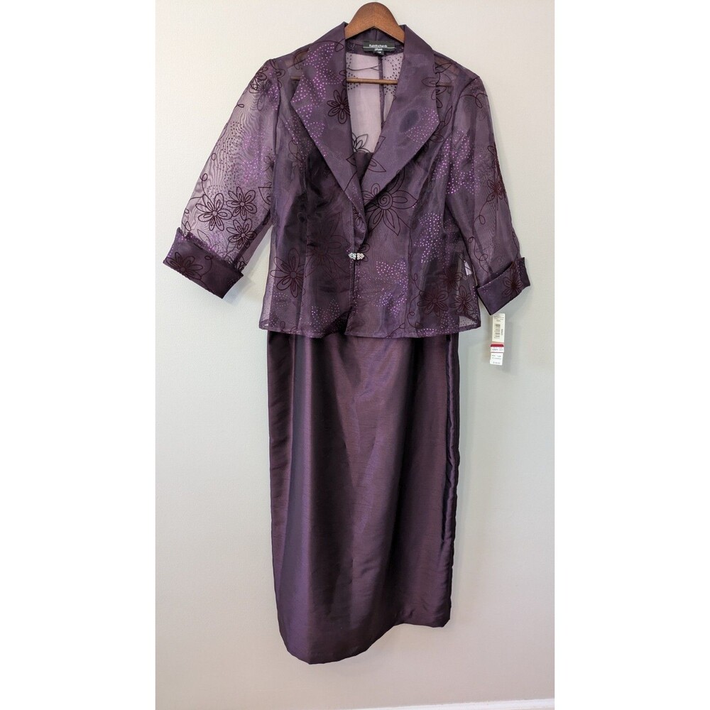 R&M Richards Midi Dress & Jacket Set Eggplant Purple Floral Embellished 14P NWT